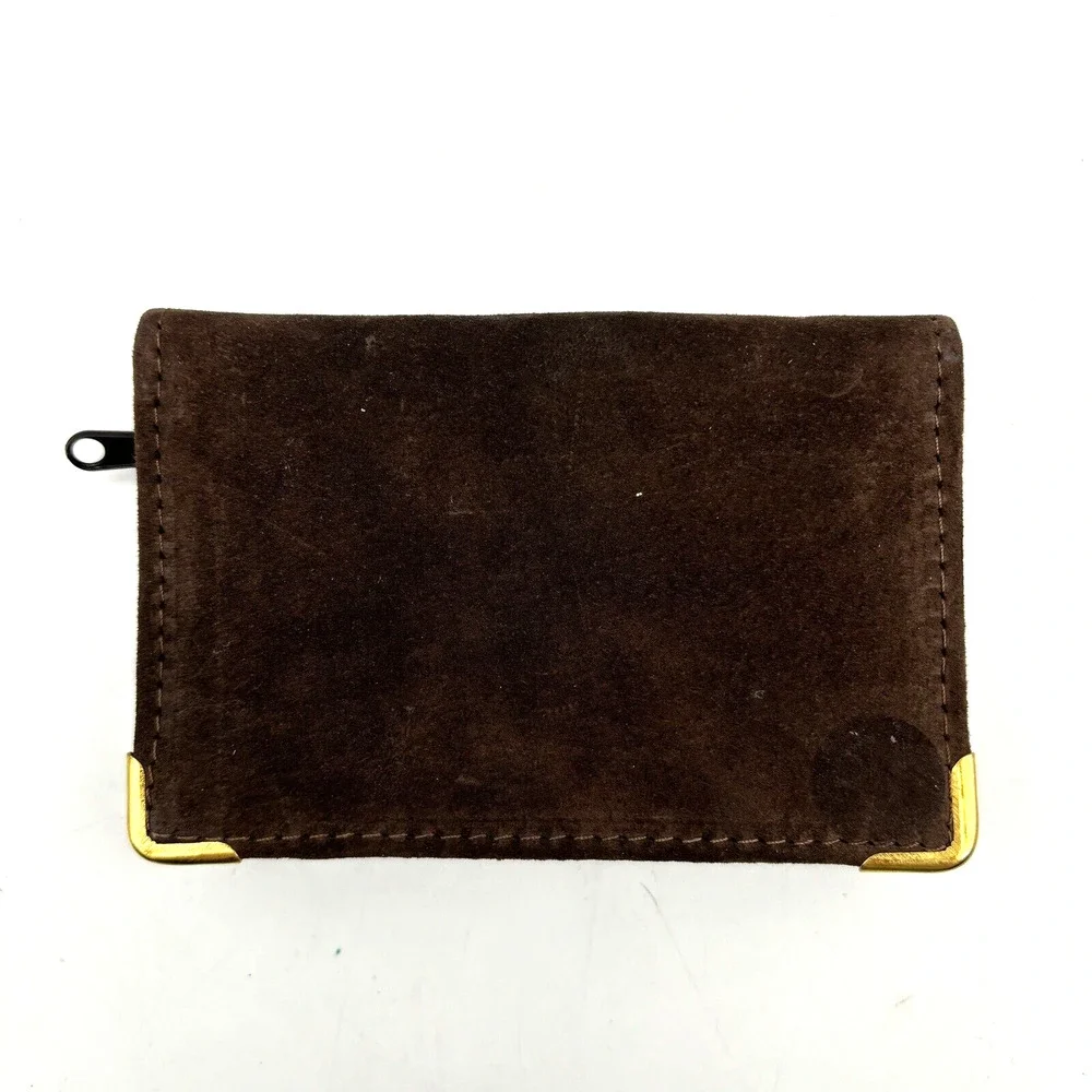 New Vintage English Leather Brown Suede Zip Around Bifold Photo Wallet 5x3.25